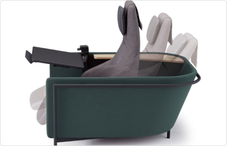 Seats and tables with selectable postures comfortably support solo work