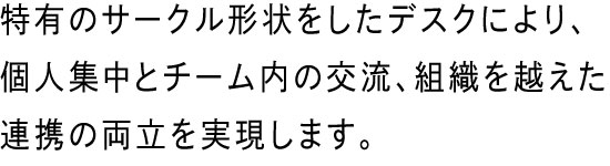 特有のサークル形状をしたデスクにより、個人集中とチーム内の交流、組織を越えた連携の両立を実現します。