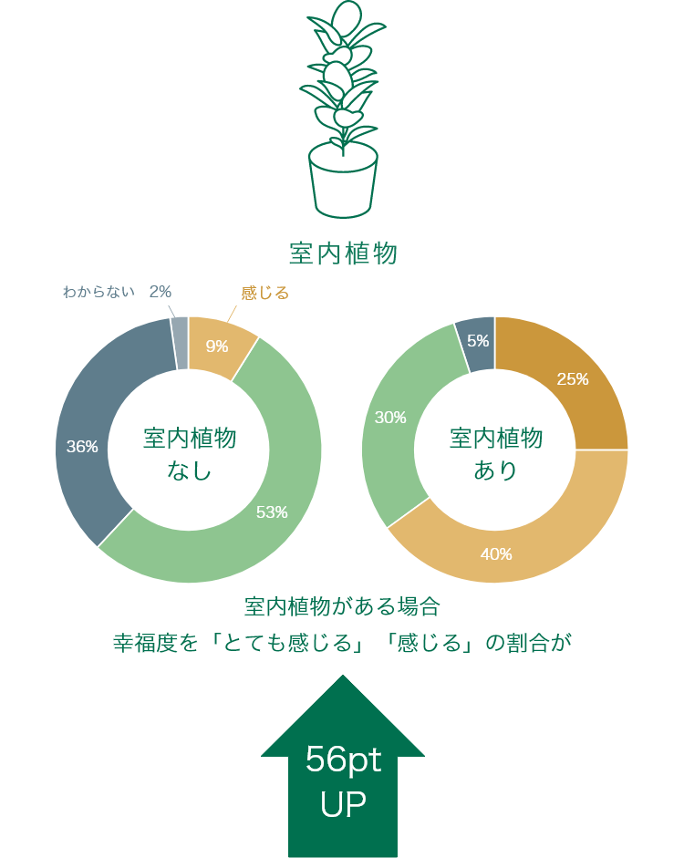 室内植物がある場合  幸福度を「とても感じる」「感じる」の割合が56pt UP